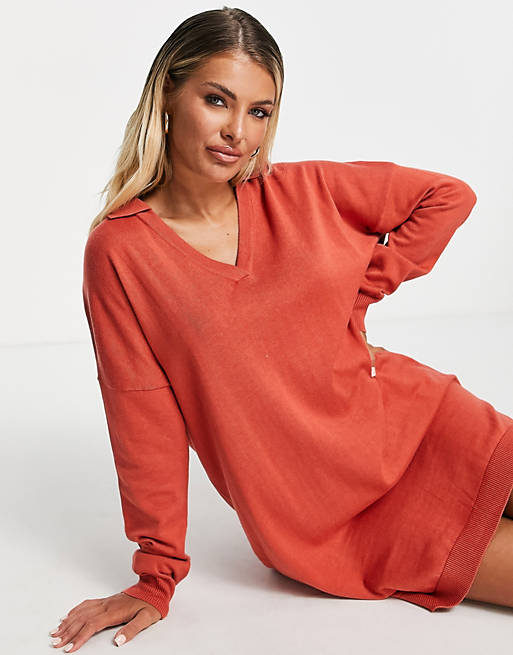Threadbare Bethany polo neck knitted dress in ginger spice