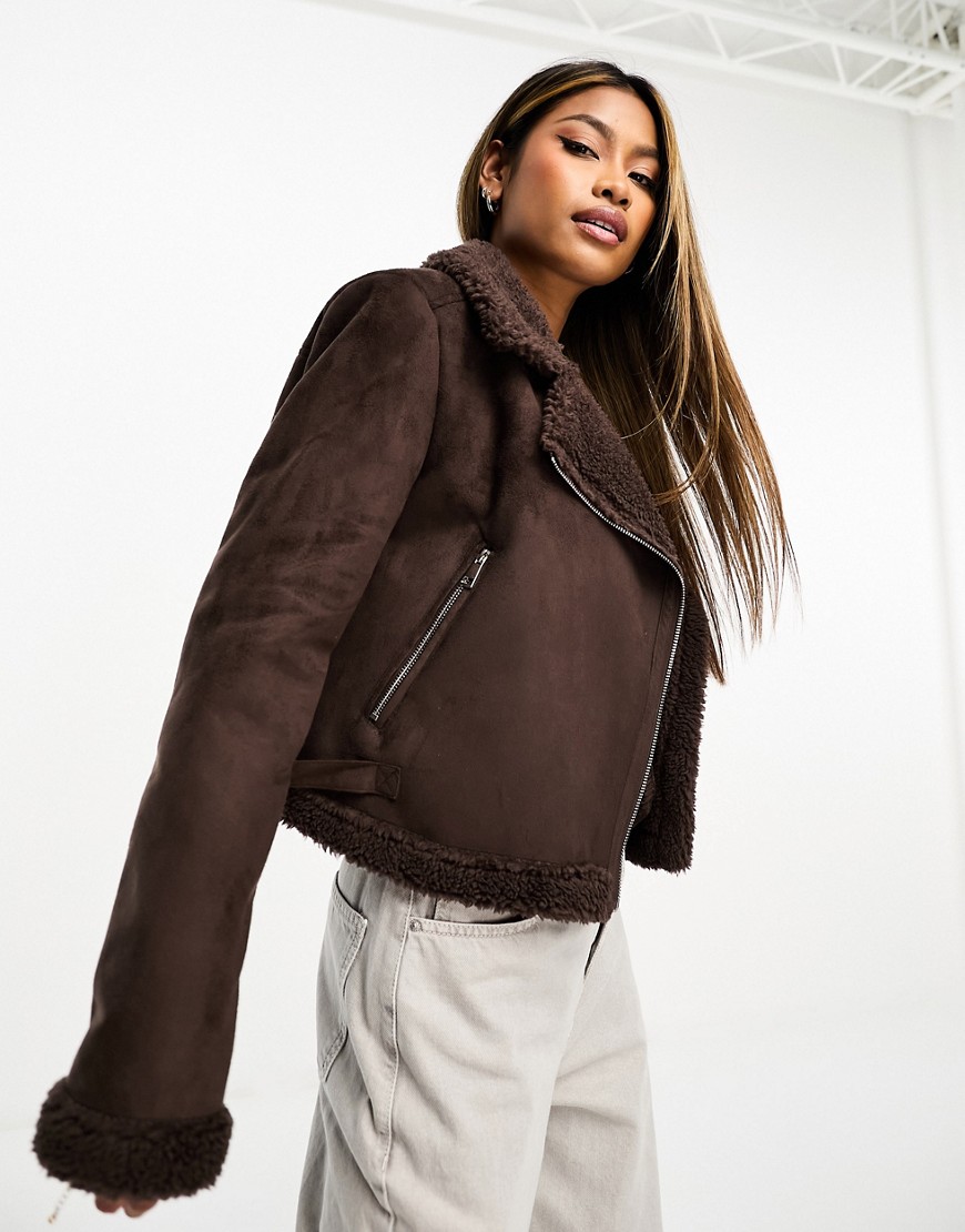Threadbare Betsy suedette aviator jacket with borg trims in chocolate brown