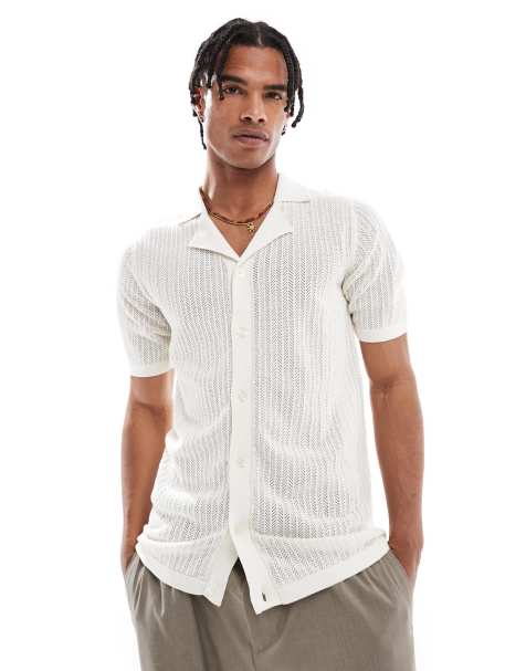 Threadbare open knit button down short sleeve shirt in white