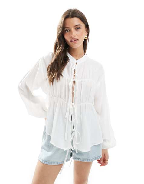 Threadbare tie front long sleeve blouse in white