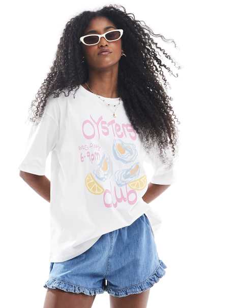 Threadbare – Biały bawełniany T-shirt oversize z grafiką z ostrygami - view 1