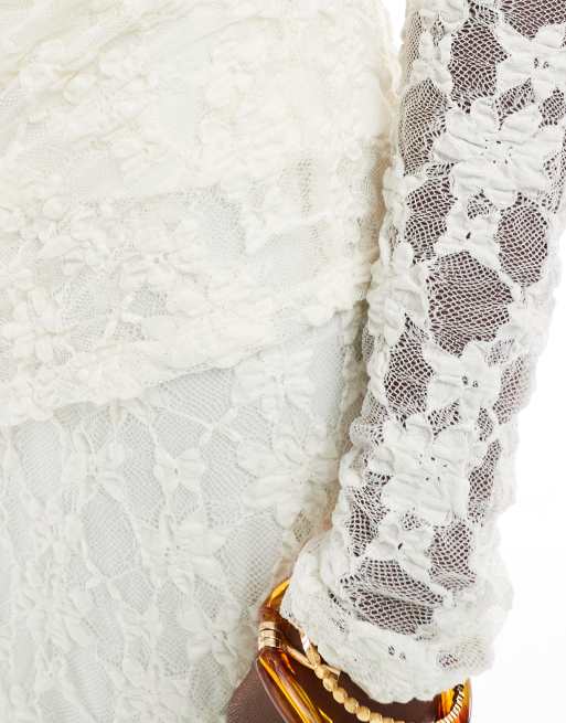 Threadbare – Biały koronkowy top z długim rękawem i asymetrycznym dołem, część zestawu, 4 z 4