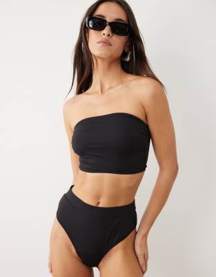 Bikini-Set in Schwarz mit hohem Bund und trägerlosem Oberteil Schwarz 44