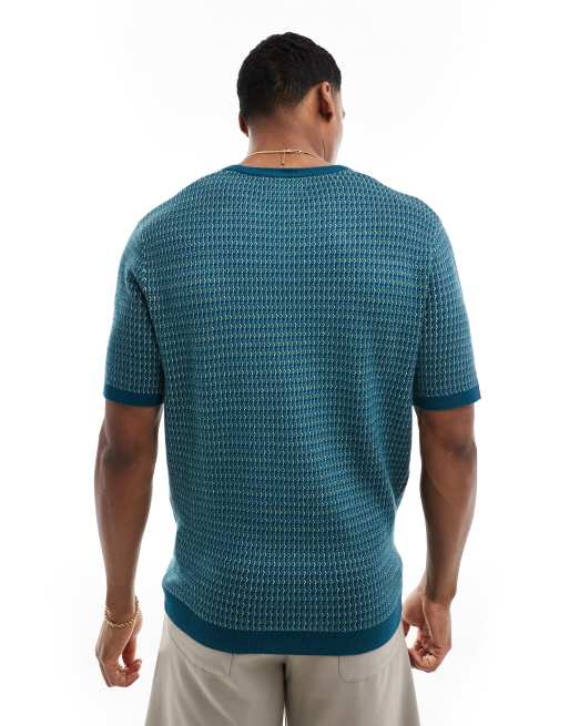 Threadbare – Blå & benvit, stickad t-shirt med geometriskt mönster, 3 av 4