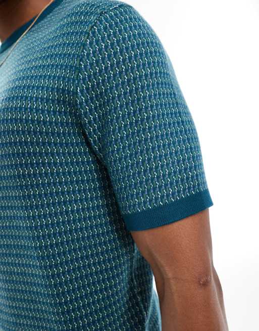 Threadbare – Blå & benvit, stickad t-shirt med geometriskt mönster, 4 av 4