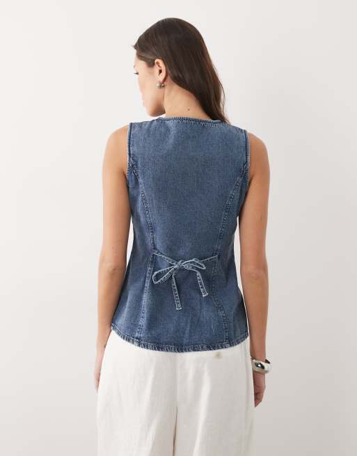 Threadbare – Blå kostymväst med rund halsringning i denim, 4 av 4