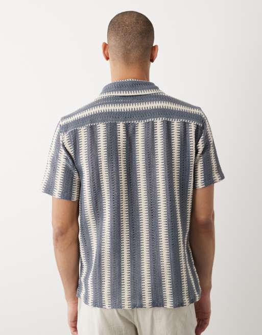 Threadbare – Blå och naturvit, randig skjorta i bomullsmix med korta ärmar och textur, 5 av 5