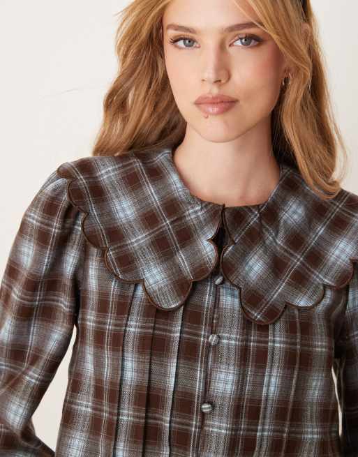 Threadbare – Blå, rutig blus med stor krage, 3 av 4