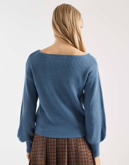 Threadbare – Blå, stickad tröja med båtringning och ballongärmar, 4 av 4