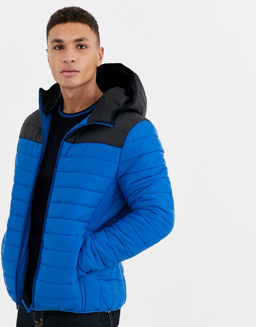 Threadbare – Blå vadderad jacka i panelsydd modell med huva