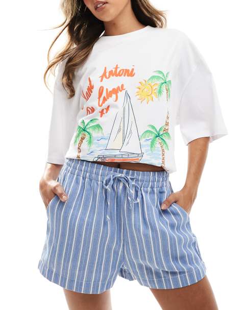 Threadbare – Blå, vitrandiga shorts i linnestil med resårmidja - view 1