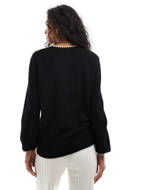 Threadbare black knitted jumper with white contrast trim