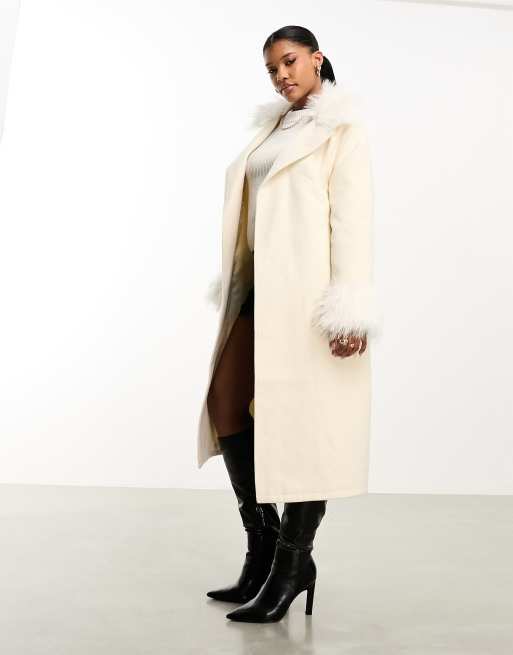 Threadbare Blair formal maxi coat with tie waist and faux fur trims in white