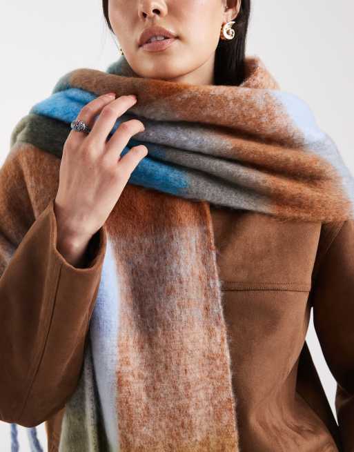 Threadbare blanket scarf in brown and blue plaid