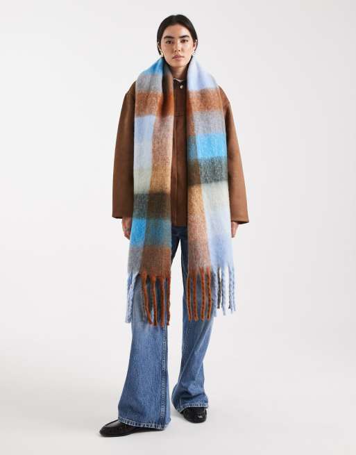 Threadbare blanket scarf in brown and blue plaid