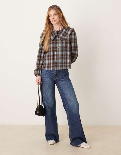Threadbare - Blouse à carreaux et col Claudine - Bleu, 2 de 4