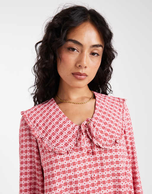Threadbare - Blouse manches longues à carreaux vichy avec col Claudine - Rose et rouge, 4 de 4