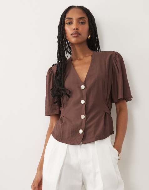 Threadbare blouse met V-hals en contrasterende knopen in chocoladebruin - view 1