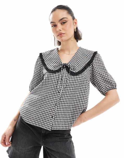 Threadbare blouse with oversized collar in black gingham print - view 1