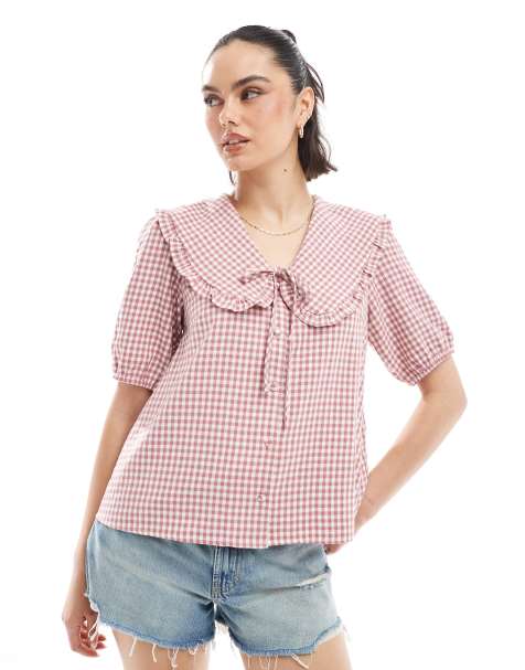 Threadbare blouse with oversized collar in pink gingham print - view 1