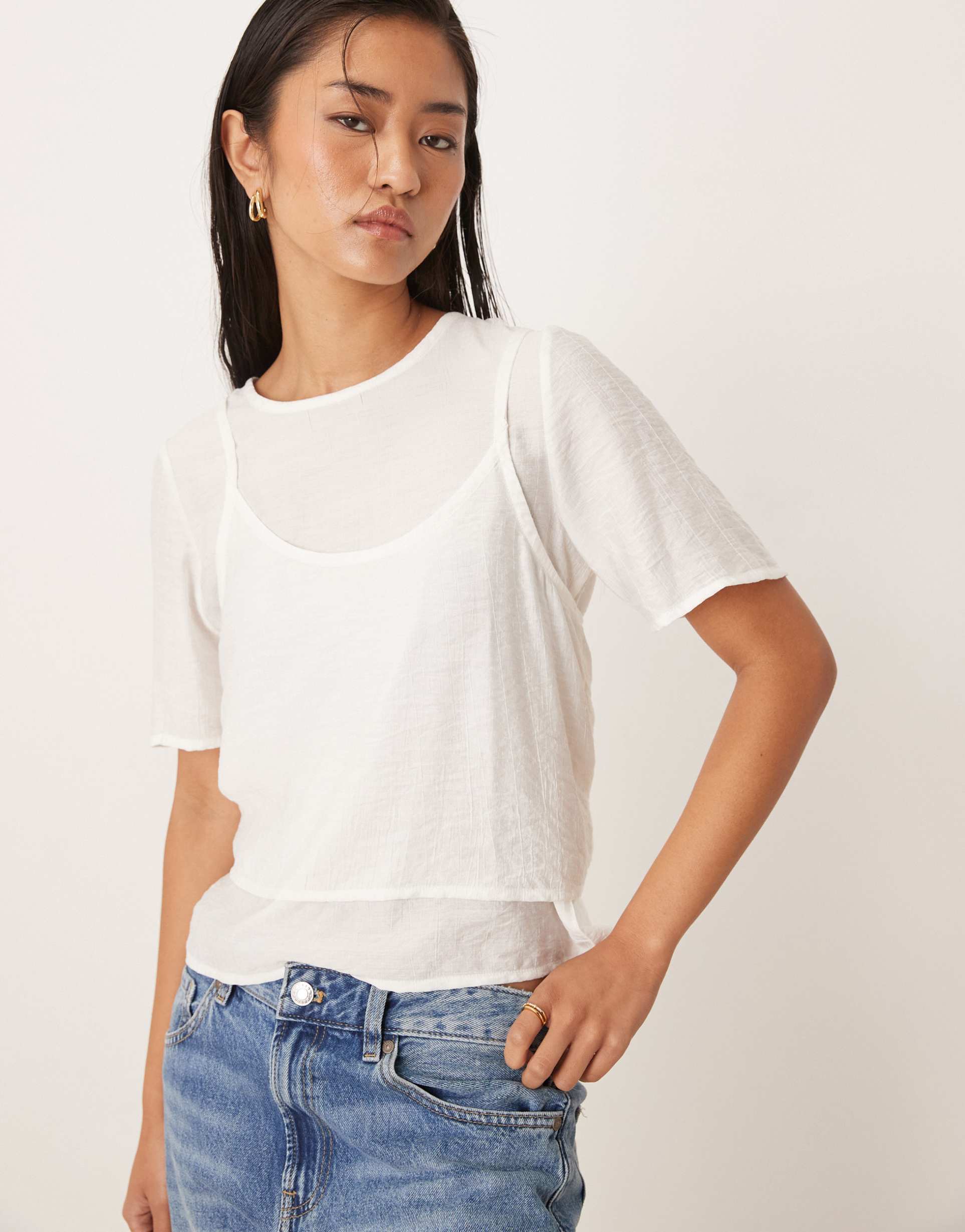 threadbare blouse with tank top overlay in white