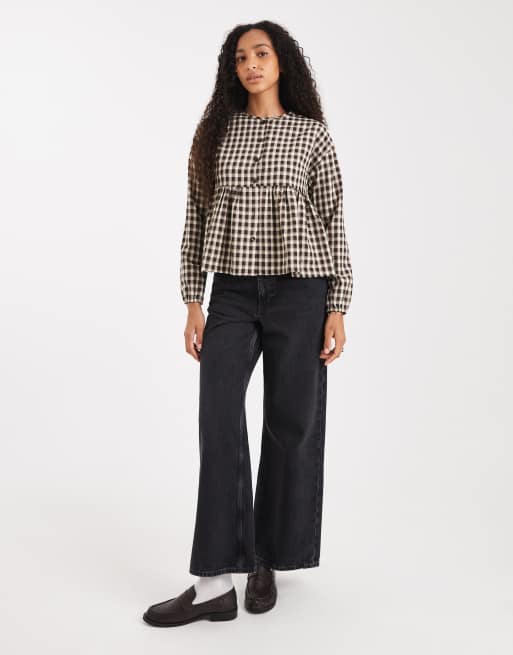 Threadbare - Blusa a maniche lunghe marrone a quadretti con bottoni e peplo, 2 di 4