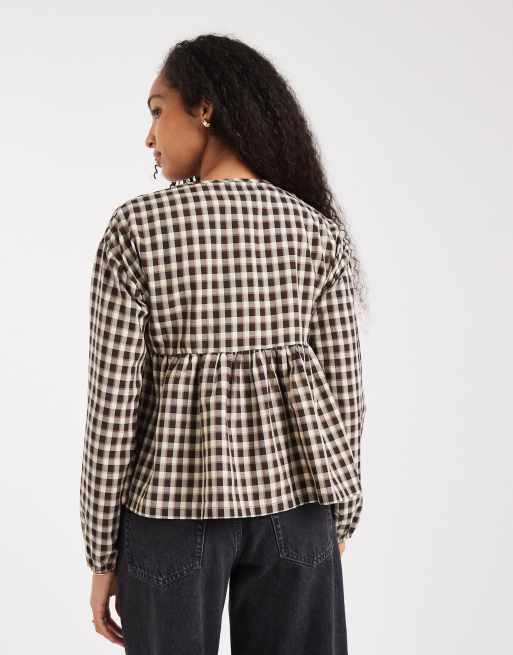 Threadbare - Blusa a maniche lunghe marrone a quadretti con bottoni e peplo, 4 di 4