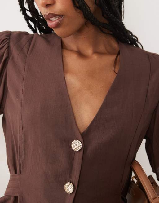 Threadbare Bluse mit V-Ausschnitt und Kontrastknöpfen in Schokobraun, 2 von 4