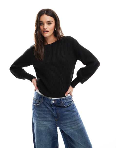 Threadbare boat neck knitted sweater in black - view 1