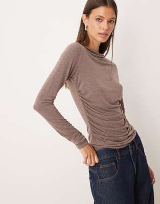 Threadbare Boat Neck Long Sleeve Jersey Top With Drape Front In Brown