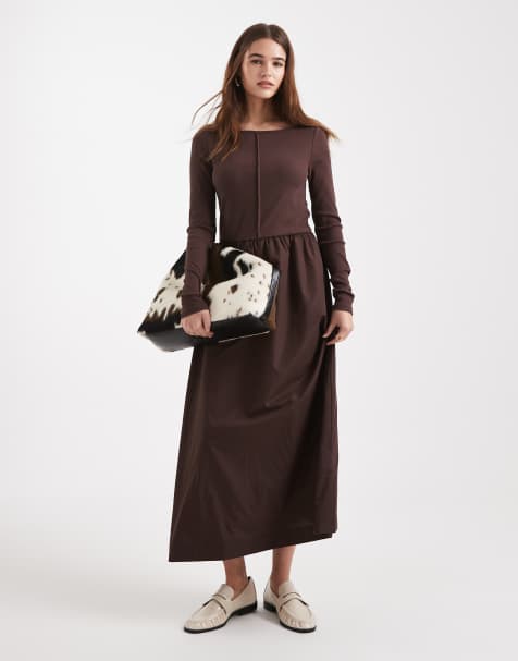 Threadbare boat neck midi dress with seam detail in chocolate brown