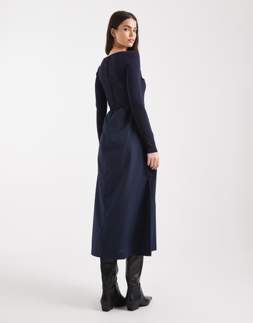 Threadbare boat neck midi dress with seam detail in navy, 3 of 4