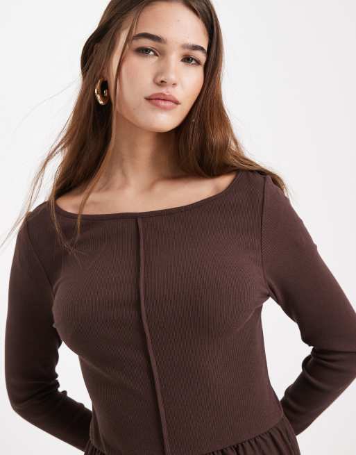 Threadbare boat neck midi dress with seam detailing in chocolate brown, 2 of 4