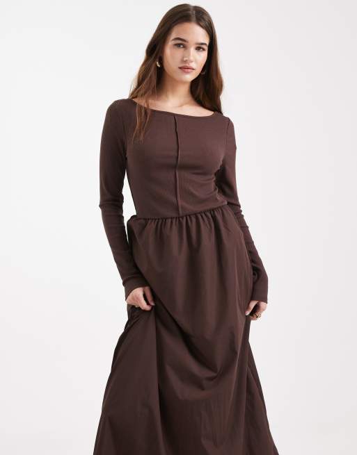 Threadbare boat neck midi dress with seam detailing in chocolate brown, 3 of 4