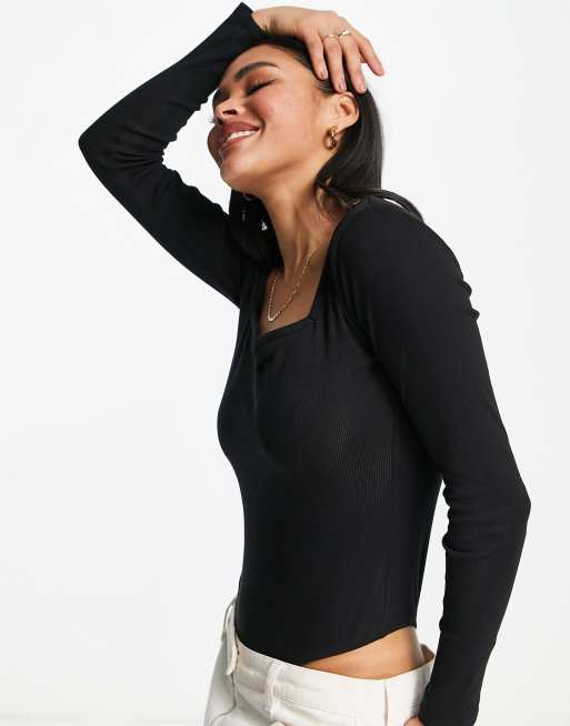 Threadbare - Body a maniche lunghe con scollo a cuore a costine, colore nero