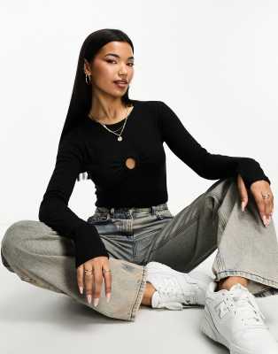 Threadbare - Body a maniche lunghe nero a coste con anello sul davanti
