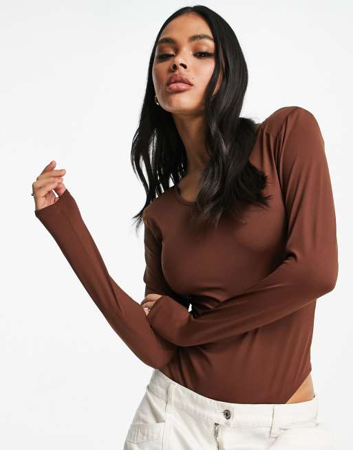 Threadbare - Body super elasticizzato a maniche lunghe con spalline imbottite, colore marrone cioccolato