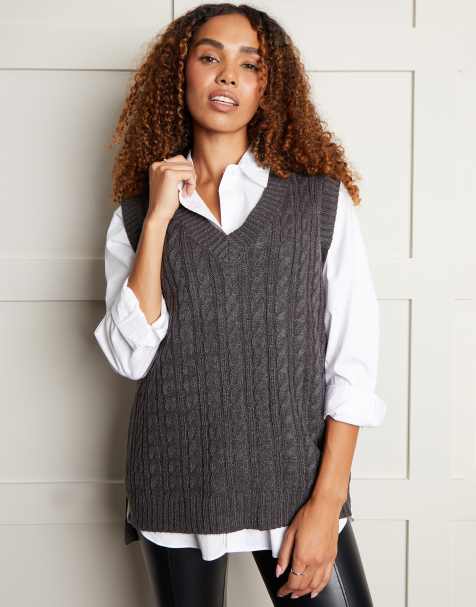 Threadbare 'bonfire' v-neck cable knit vest in grey - view 1