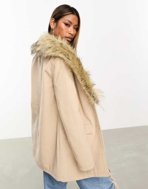 Threadbare Bonnie short formal coat with faux fur collar in beige