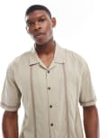 [Threadbare] Threadbare border detail short sleeve cotton shirt with linen in stone-Neutral L STONE