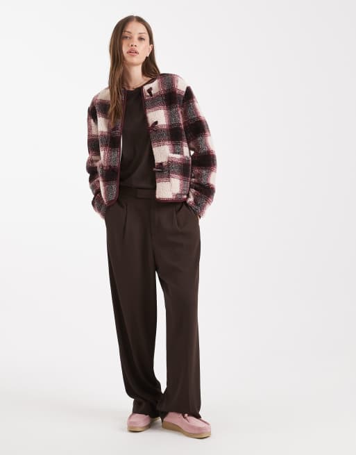Threadbare – Bordowa kurtka koszulowa w kratkę z zapięciem na kołki z przodu, 3 z 4