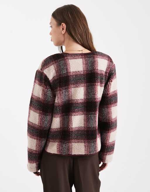 Threadbare – Bordowa kurtka koszulowa w kratkę z zapięciem na kołki z przodu, 4 z 4