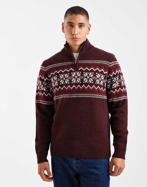 Threadbare – Bordowy sweter ze wzorem Fair Isle i zapięciem na zamek pod szyją - view 1
