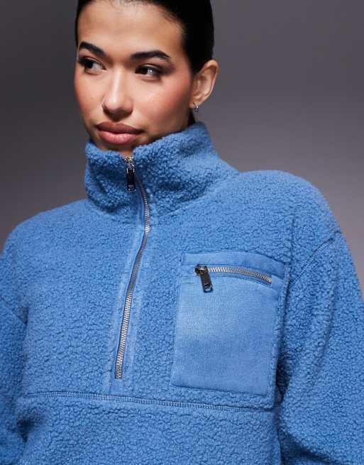 Threadbare borg 1/4 zip fleece sweater with pocket detail in blue, 2 of 4