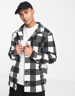 Threadbare borg fleece button up check shacket in black and white-Brown