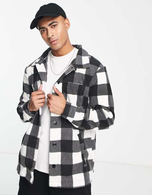 Threadbare borg button up check overshirt shacket in black and white | ASOS