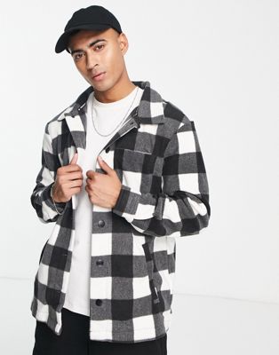 Threadbare borg button up check overshirt shacket in black and white