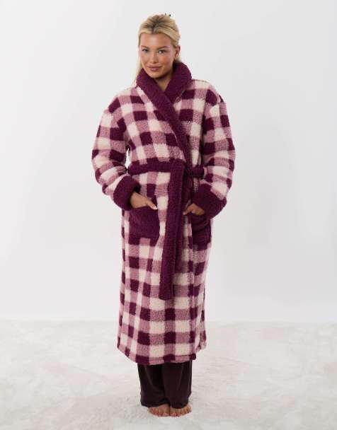 Threadbare Borg dressing gown in plum check in plum - view 1
