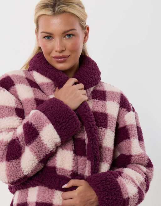 Threadbare Borg dressing gown in plum check in plum, 5 of 5