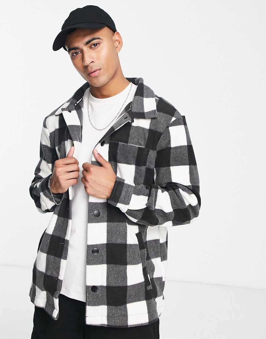 Threadbare Borg Button Up Check Overshirt Shacket In Black And White-brown
